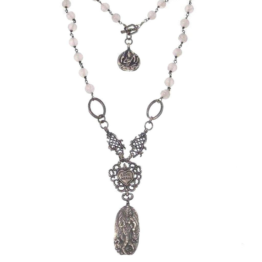 Love Heals Audrey necklace: Silver filigree, heart charm, & white stone beads.
