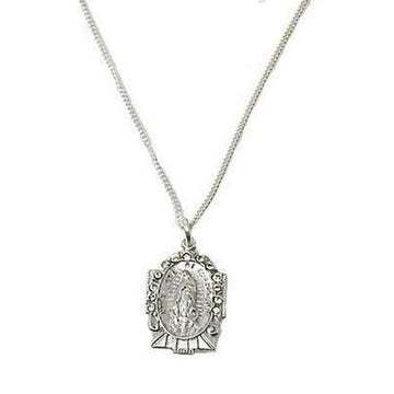 Silver Guadalupe charm necklace with ornate frame.
