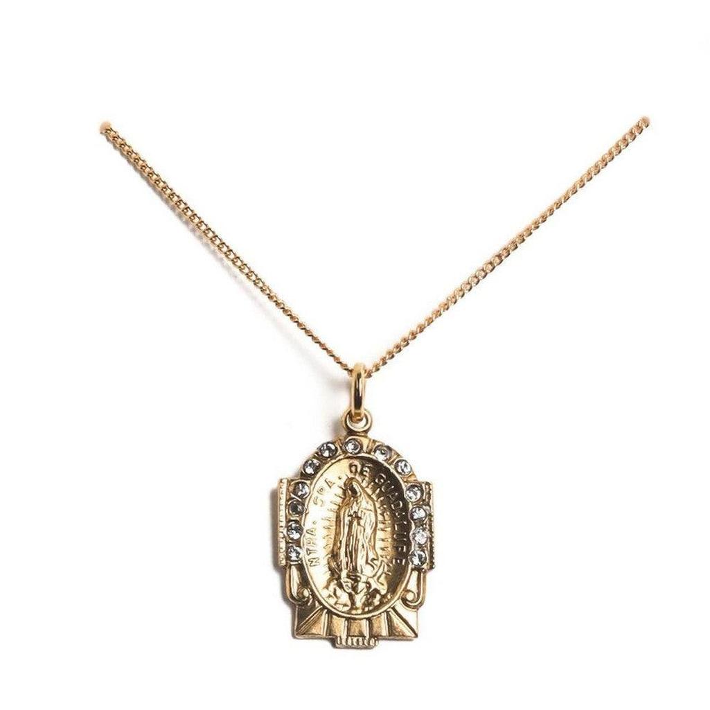 Gold Guadalupe charm necklace with clear cubic zirconia accents.
