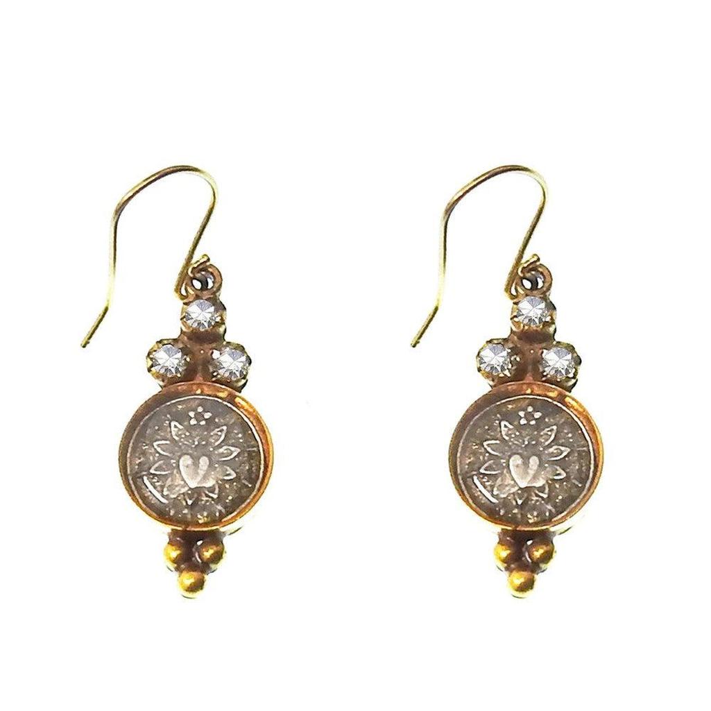 Lucia Amore Hook Earrings: Antique bronze,  clear crystal accents, floral coin design.
