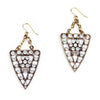 Lulu Frost Galaxy earrings: antique gold tone, triangle design, clear crystal accents.
