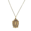 Gold Guadalupe Virgin Mary necklace pendant, ornate design.
