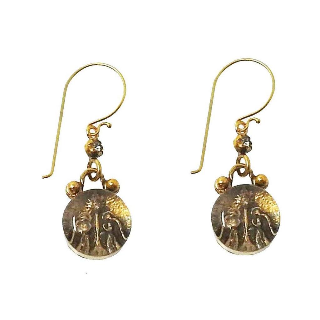 Luvie Guardian Angel Hook Earrings: Gold-tone hooks & dark bronze disc charms featuring an angel design.
