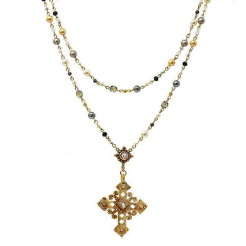 Layered pearl and gemstone rosary necklace with ornate gold cross pendant.
