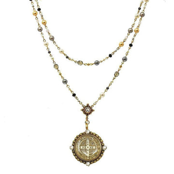Double-strand pearl and gemstone rosary necklace with antique-style medallion pendant.
