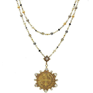 Elegant double-strand pearl rosary necklace with gold accents and a detailed medallion pendant.

