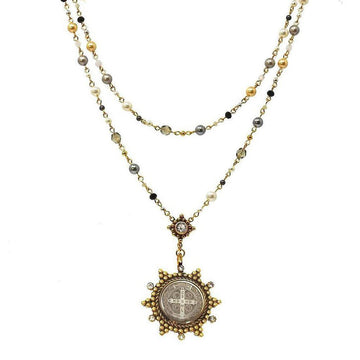 Double-strand pearl and gemstone rosary necklace with antique-style medallion pendant.
