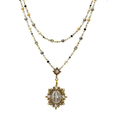 Lux Mixed Pearl Rosary necklace: Two-strand design with gold, pearl, and grey beads, featuring a detailed antique-style pendant.
