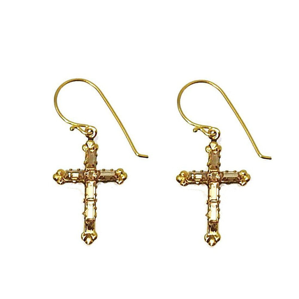 Gold Madonna Cross earrings with sparkling crystal accents.

