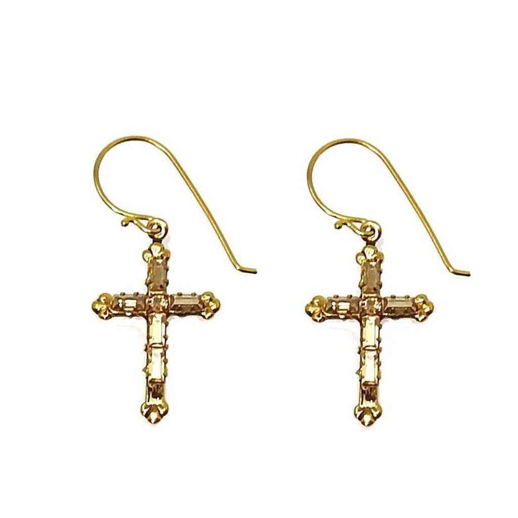 Gold Madonna Cross earrings with sparkling crystal accents.
