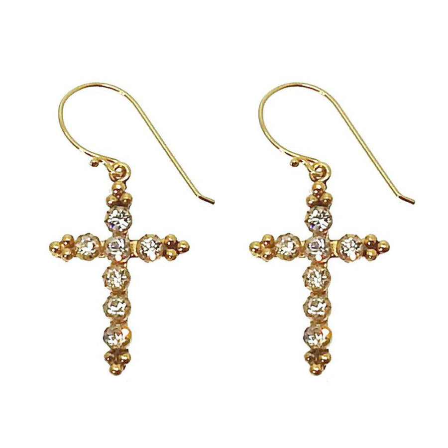 Gold cross earrings adorned with sparkling clear stones.
