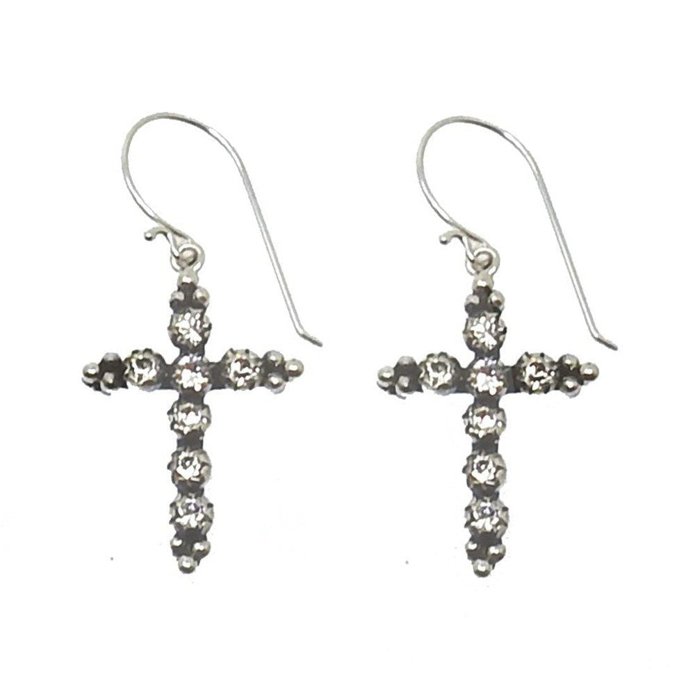 Madonna Cross Hook Earrings: Silver cross earrings adorned with sparkling crystals.
