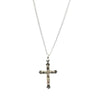 Silver cross pendant necklace with sparkling stones.
