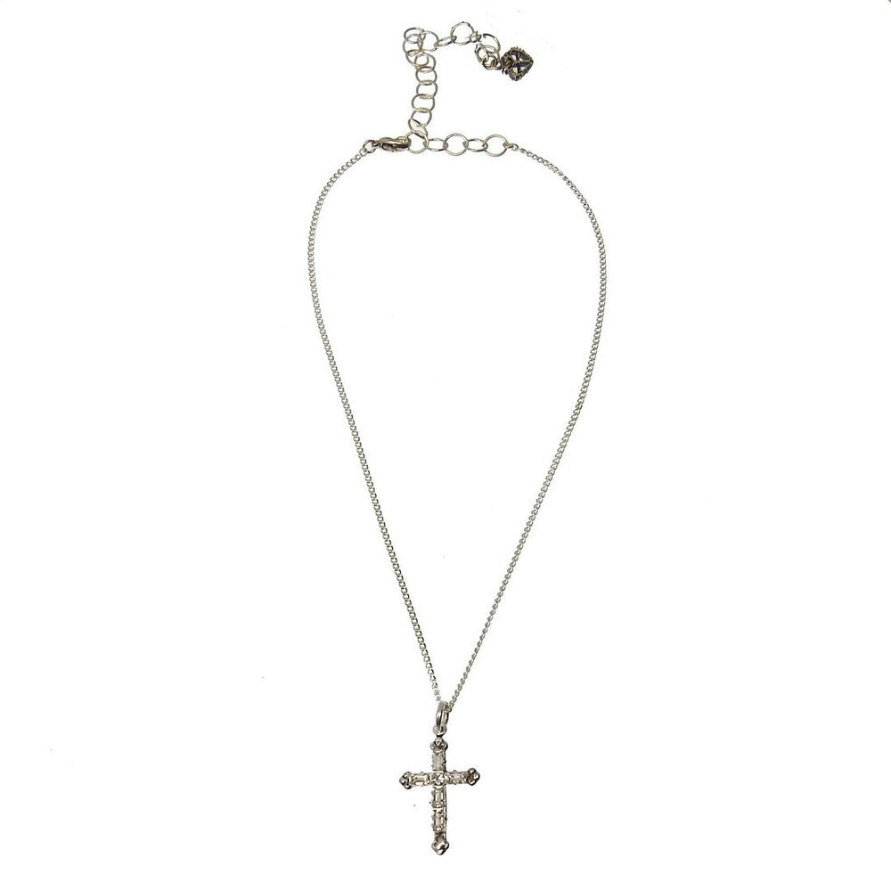 Silver cross pendant necklace with clear stones, delicate chain.
