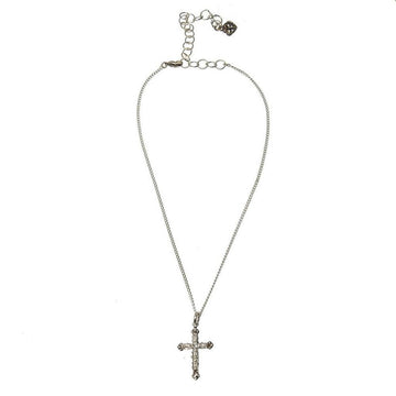 Silver cross pendant necklace with clear stones, delicate chain.
