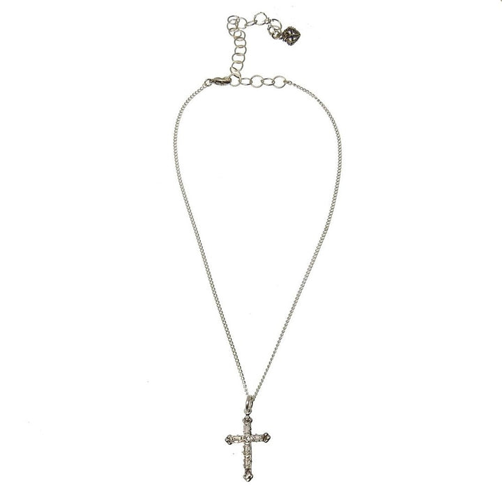 Silver cross pendant necklace with clear stones, delicate chain.

