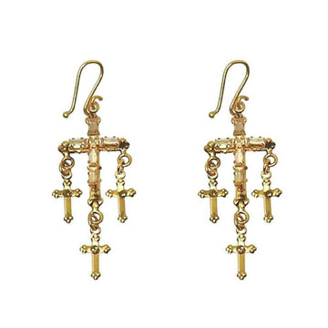 Gold cross earrings with dangling charms;  crystal accents.
