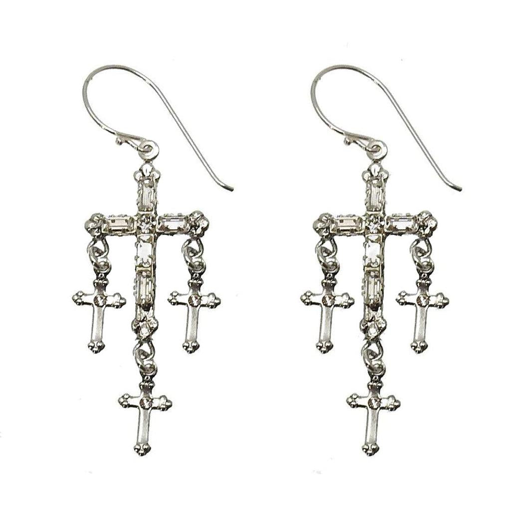Silver Madonna Multi Cross earrings with baguette & round cubic zirconia.
