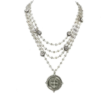 Magdalena in Silver Black Diamond necklace: multi-strand crystal beaded design with a St. Christopher medal pendant.
