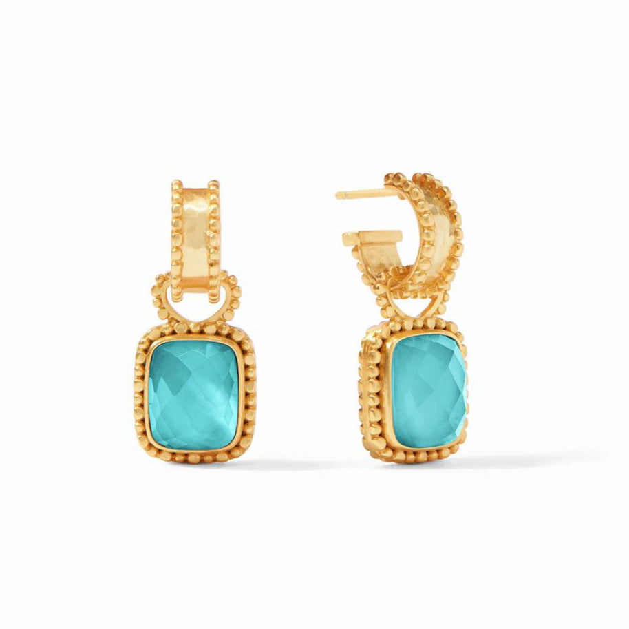 Marbella Hoop & Charm Earrings: Gold hoops with turquoise gemstone accents.
