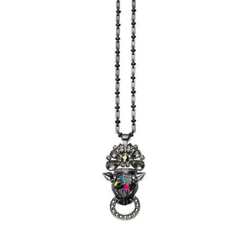 Mawi Black Leopard necklace: Gunmetal chain, black leopard pendant with crystal accents.
