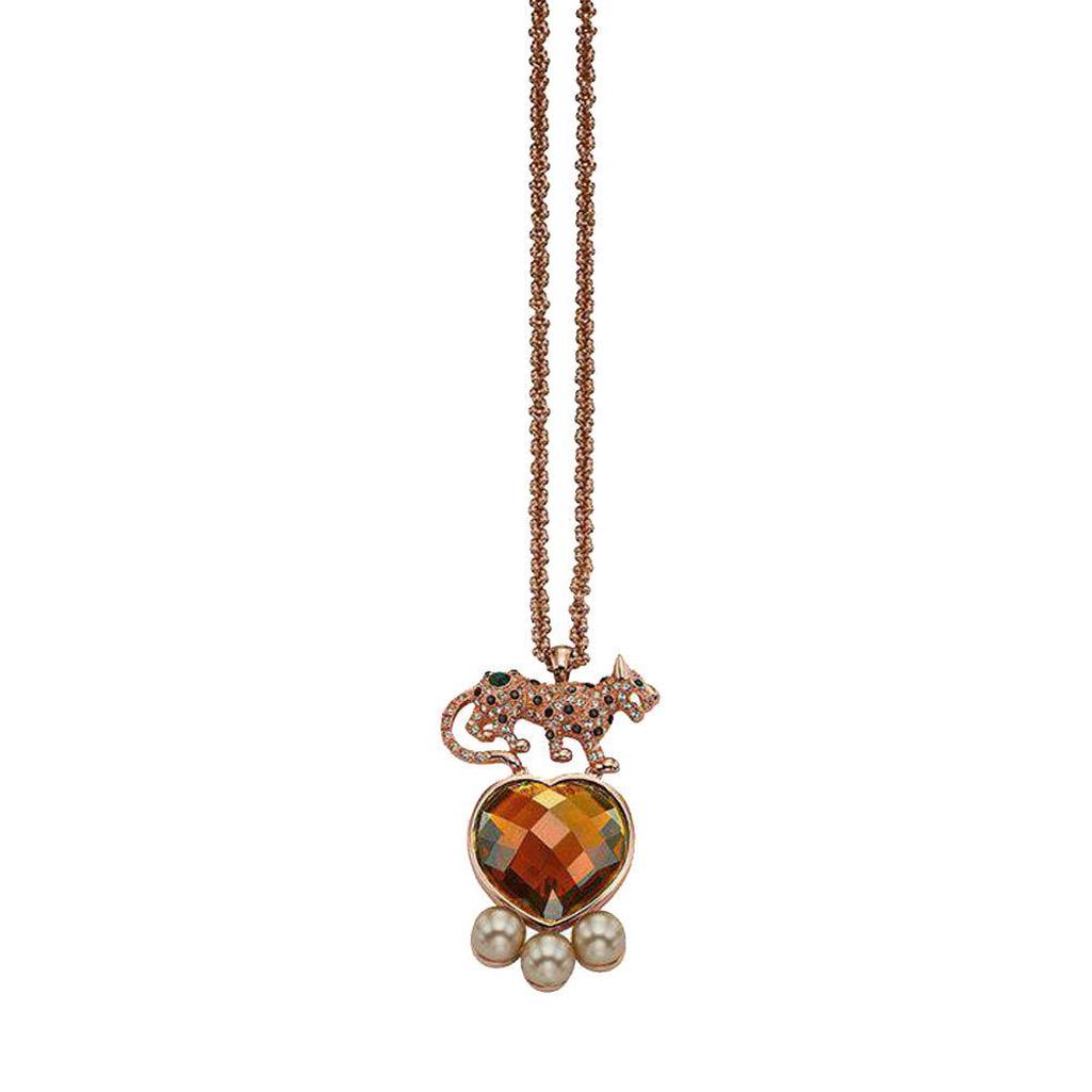 Mawi Leopard necklace: Rose gold chain, jeweled leopard pendant, heart-shaped gemstone, and pearl accents.
