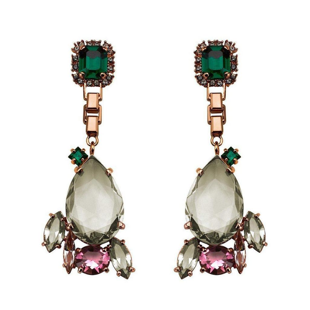 Mawi Statement Earrings in Rose: Rose gold, green & grey crystal statement earrings.
