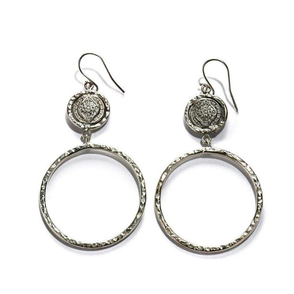 Silver Menina Hook Earrings with textured circular hoops and detailed coin accents.
