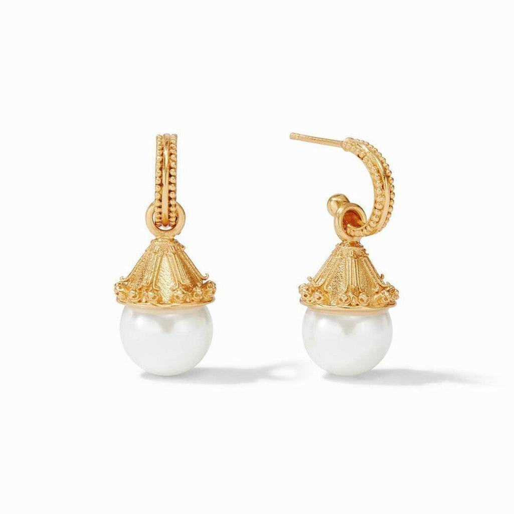 Meridian Pearl Hoop and Charm earrings: Gold hoops with textured detailing, each adorned with a creamy pearl.
