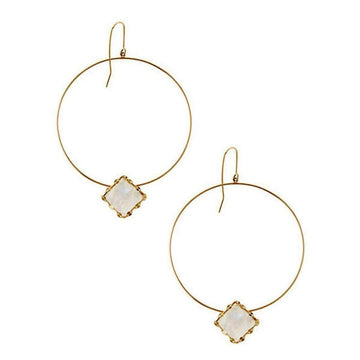 Mesmorize Duo Drop Moonstone Hoop earrings: Gold hoops with iridescent moonstone accents.
