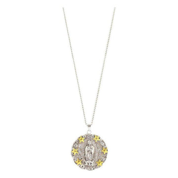 Silver Guadalupe pendant necklace with gold stars, on a ball chain.
