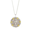 Mi Estrella Guadalupe necklace: silver & gold Virgin Mary pendant with stars, ball chain.
