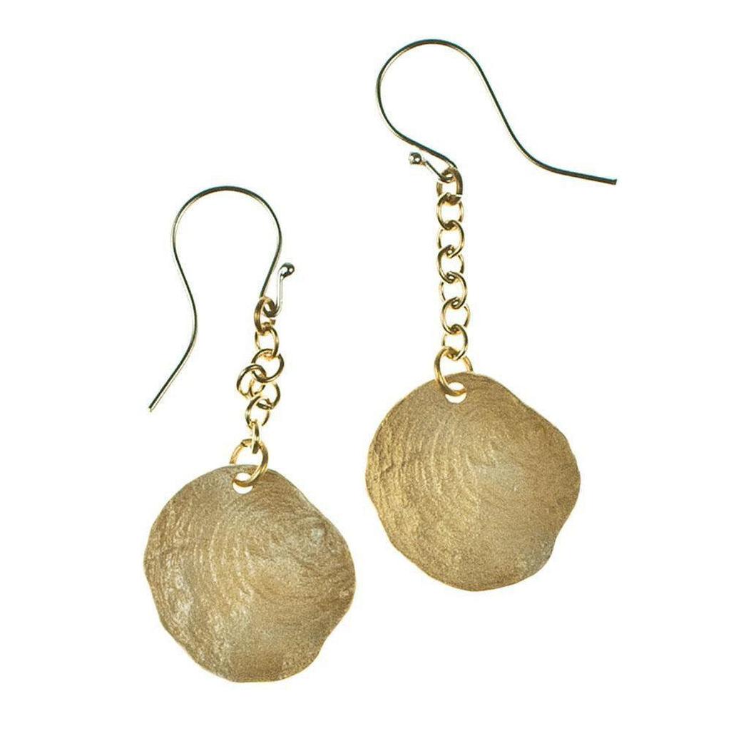 Michael Michaud gold Drop Earrings, shell-shaped, delicate chain.
