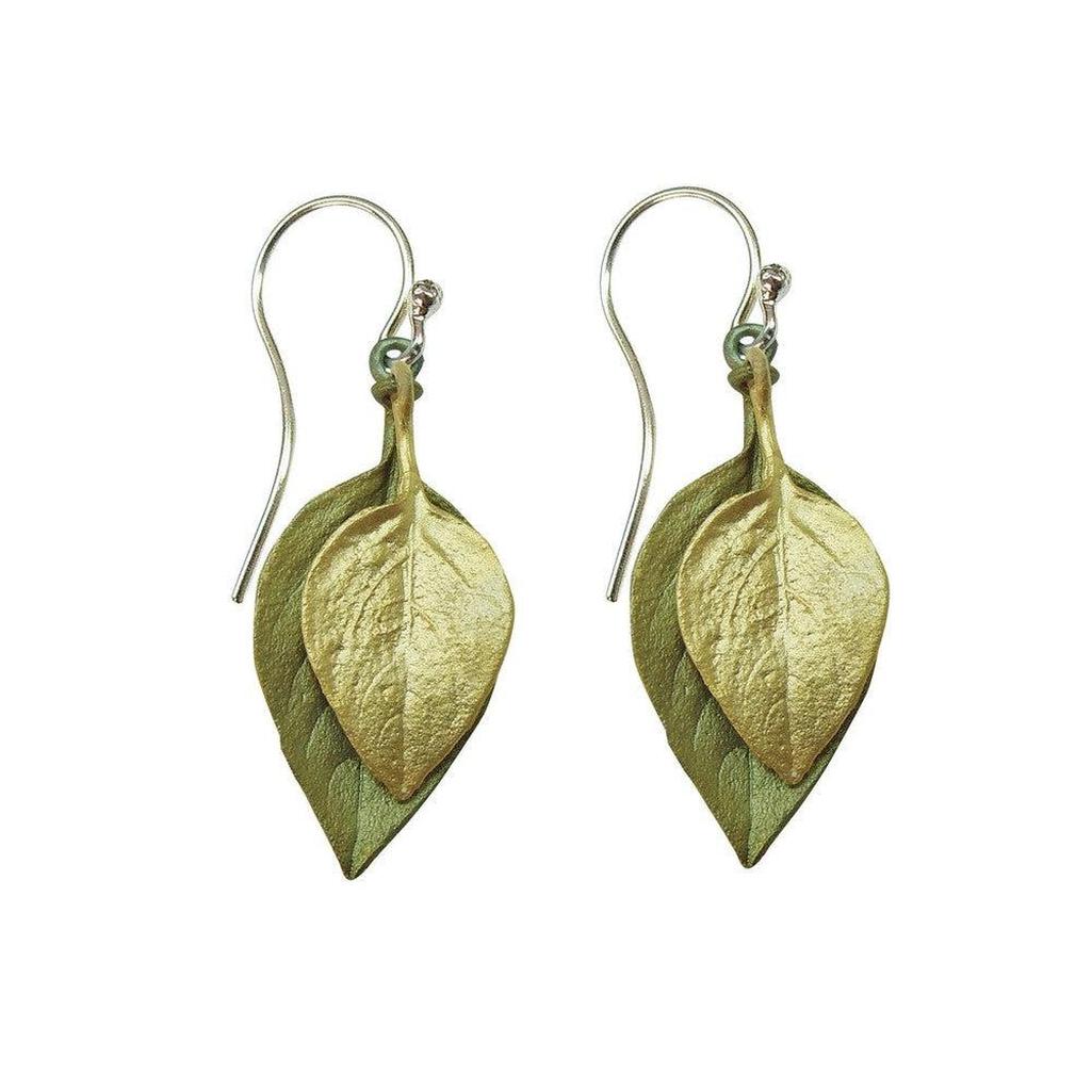 Michael Michaud Sweet Basil earrings: Double leaf design, gold and olive green, sterling silver hooks.
