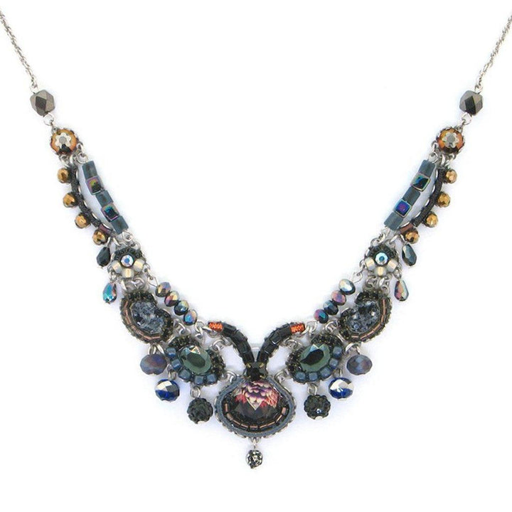 Midnight Jet statement necklace; dark, iridescent beads & crystals on a silver chain.
