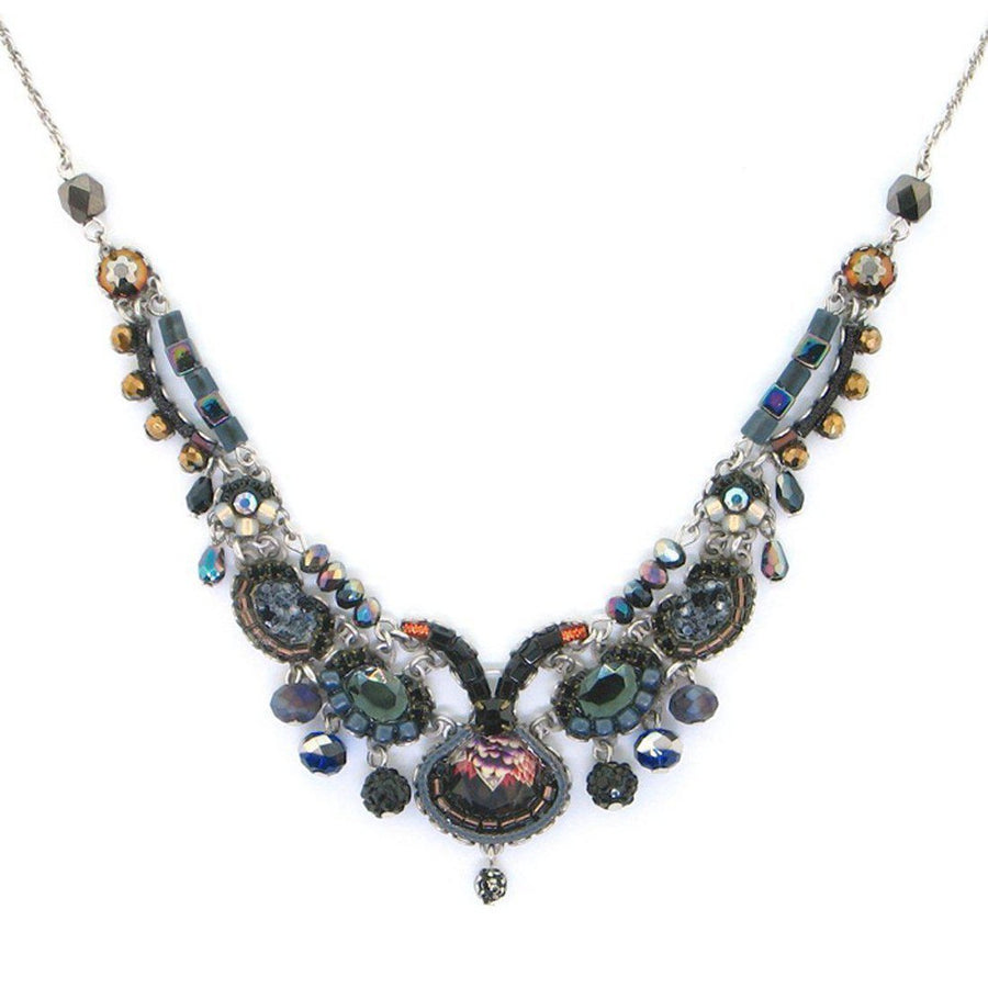 Midnight Jet statement necklace; dark, iridescent beads & crystals on a silver chain.

