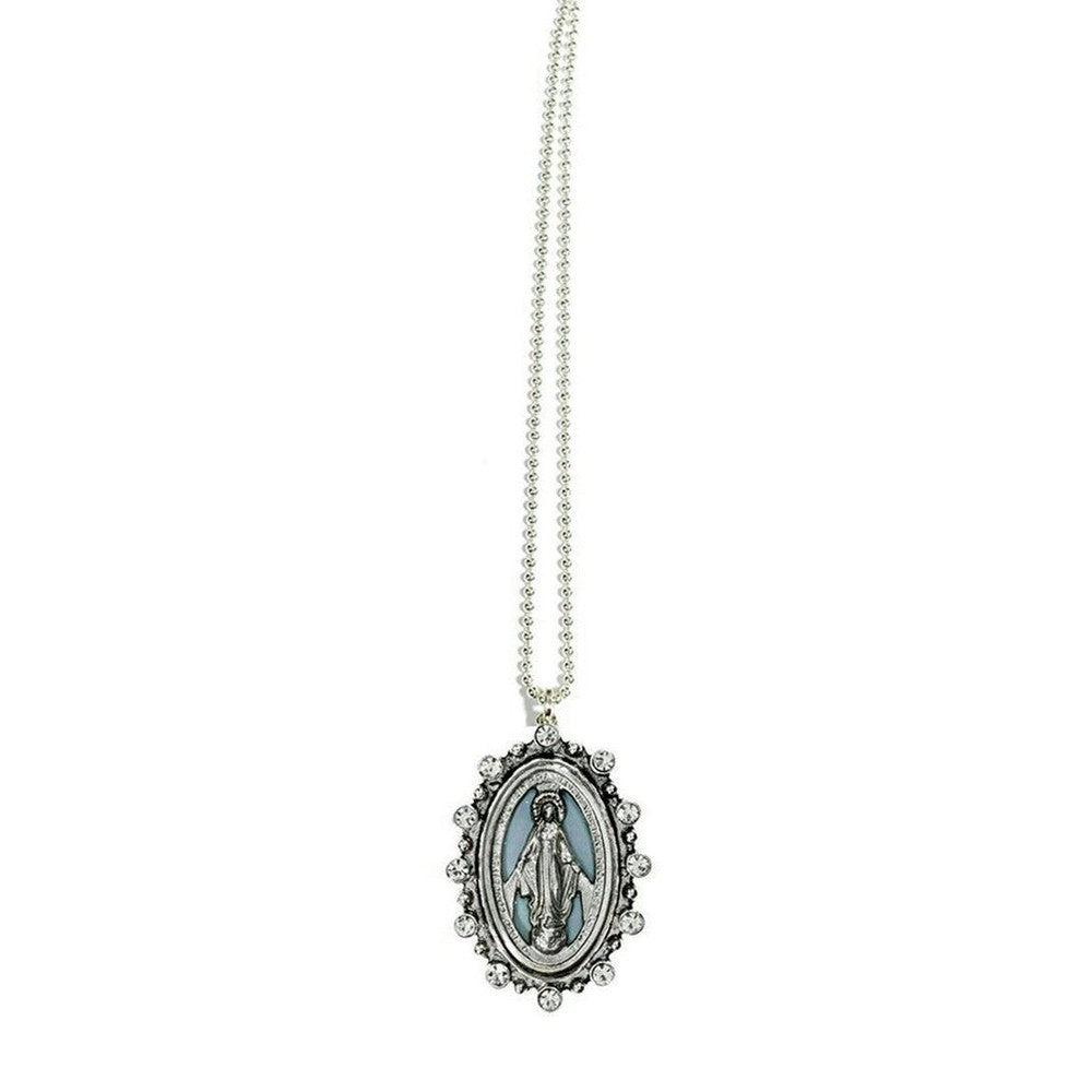 Silver chain necklace featuring an oval Miraculous Medal pendant with rhinestone accents.
