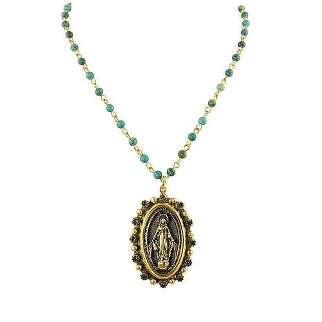 Milagrosa Crystal Choker: Gold oval Virgin Mary pendant necklace with turquoise beads.
