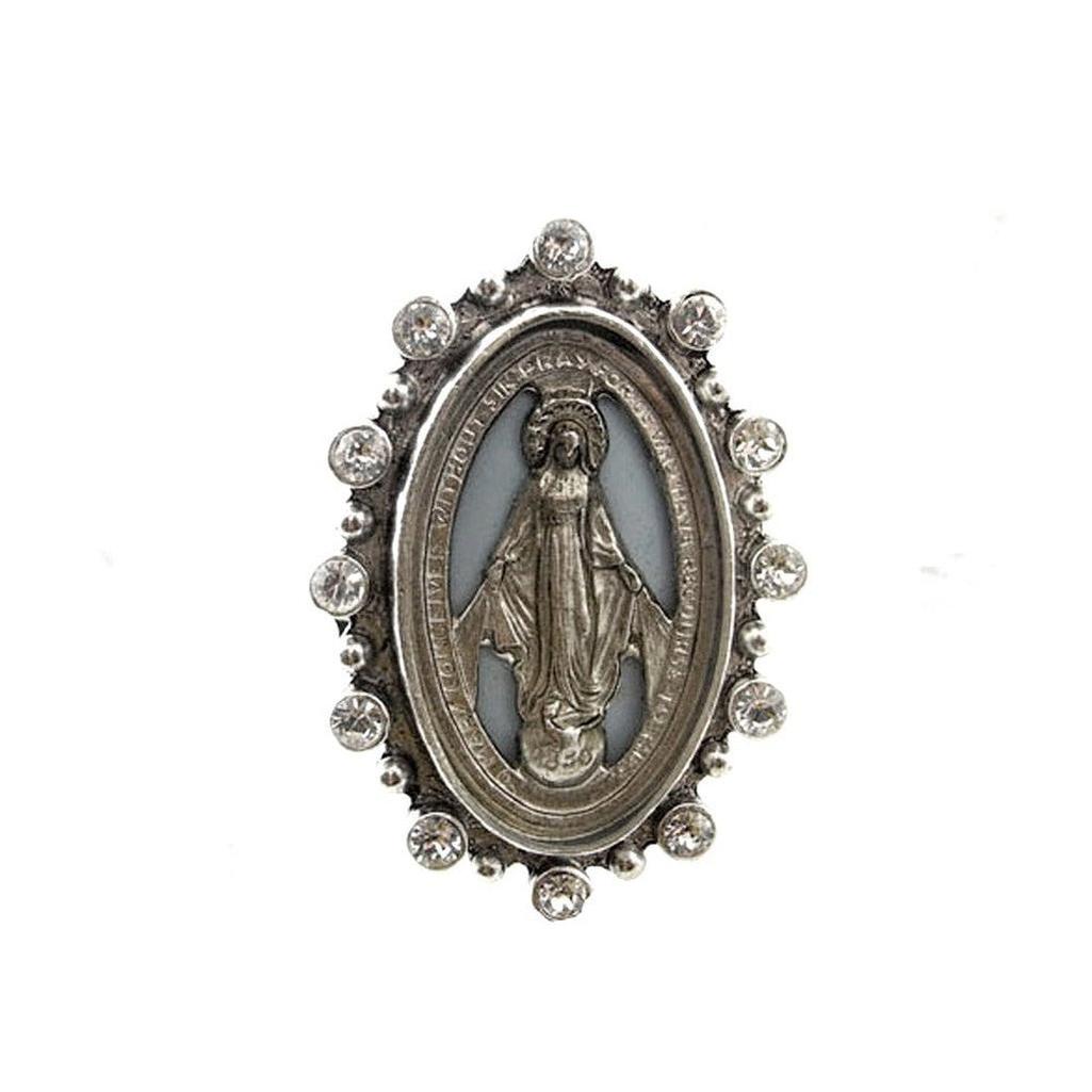 Milagrosa Silver Ring, size 9, features clear crystal accents & Virgin Mary oval medallion.
