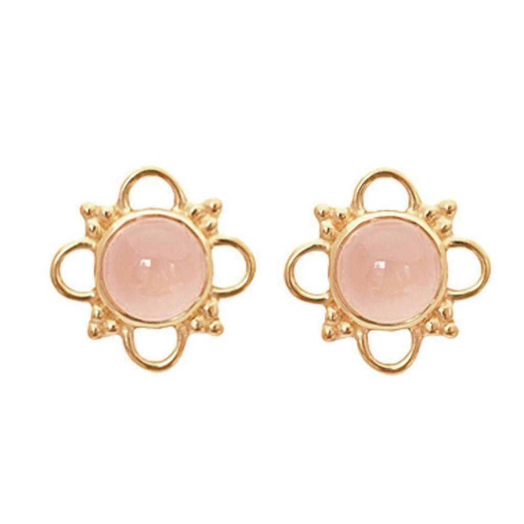 Milan Pink Chalcedony earrings: delicate gold flower setting, pale pink stones.
