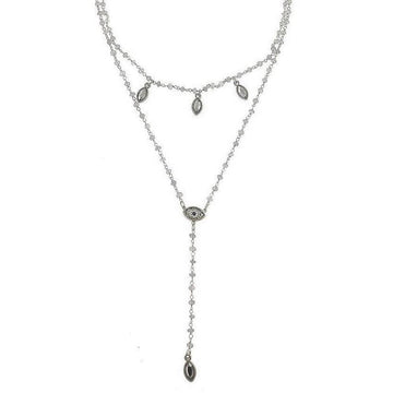 Silver beaded Y-necklace featuring eye and leaf charms.
