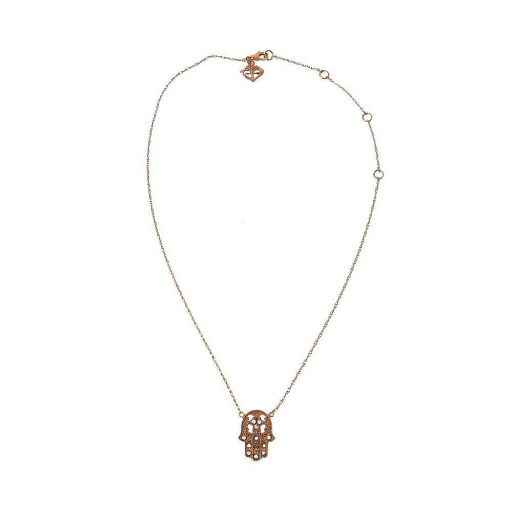 Rose gold hamsa necklace with delicate chain.
