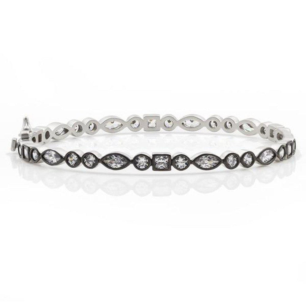 Silver mixed shape bangle featuring marquise, round, and square-cut cubic zirconia stones.
