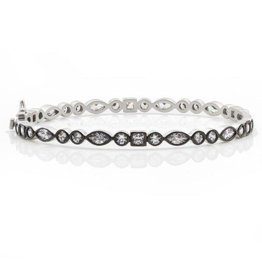Silver mixed shape bangle featuring marquise, round, and square-cut cubic zirconia stones.
