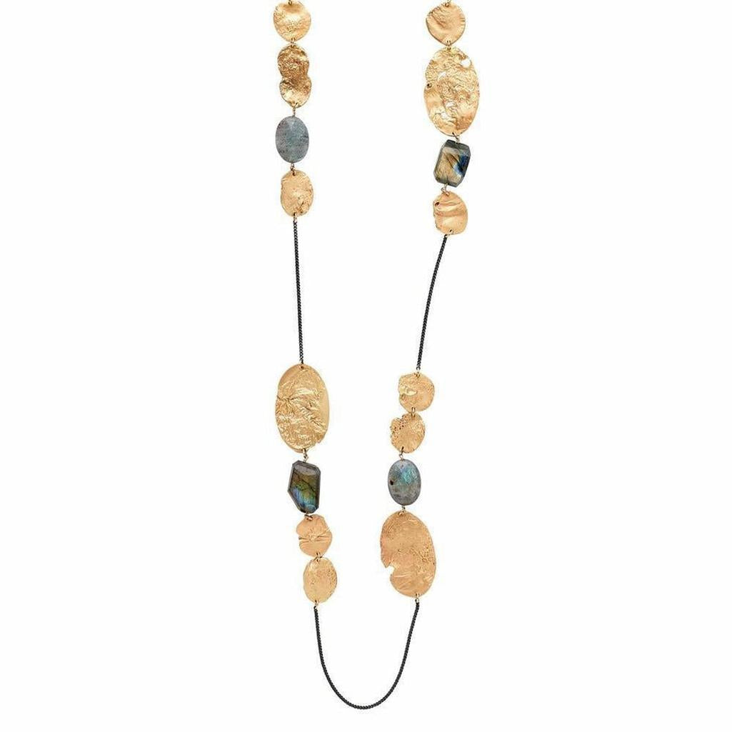 Mojave Labradorite Chain: Gold-plated long necklace with Labradorite stones & hammered discs.
