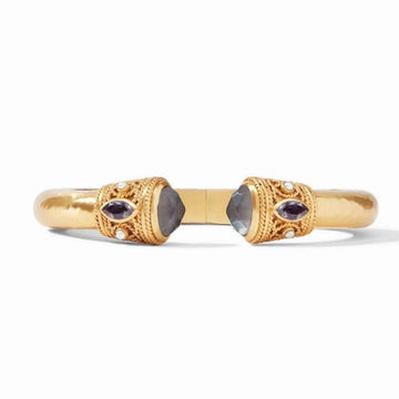 Gold Monaco Demi Hinge Cuff bracelet with gray and purple stones.
