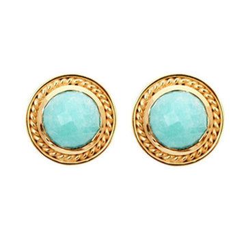 Gold stud earrings featuring faceted amazonite gemstones.
