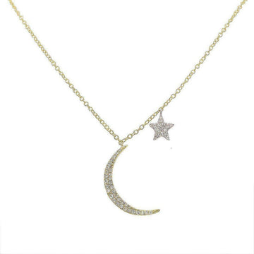 Diamond Moon & Star necklace: crescent moon and star pendant with gold chain.
