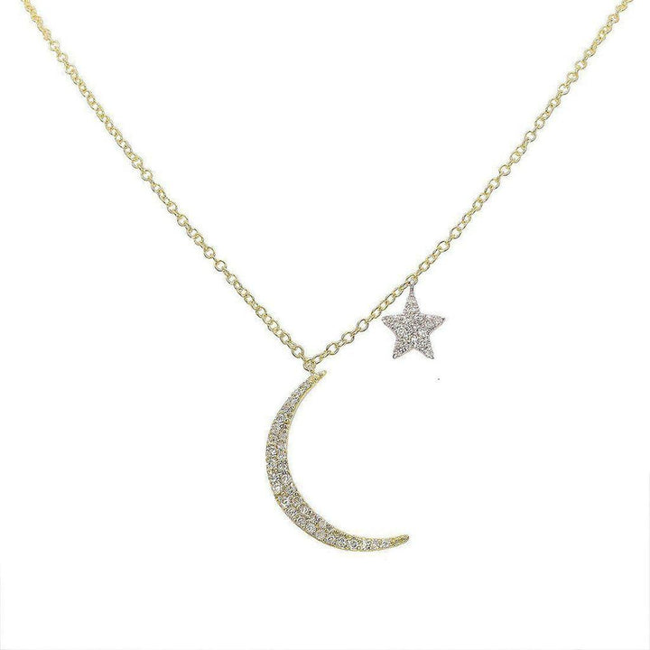Diamond Moon & Star necklace: crescent moon and star pendant with gold chain.
