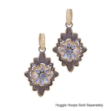 Moonstone and diamond floral charms, black and gold, for huggie earrings.

